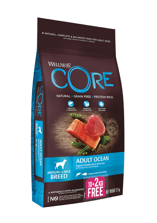 Wellness Core Ocean Salmon and Tuna Dry Dog Food - 10kg + 2kg FREE